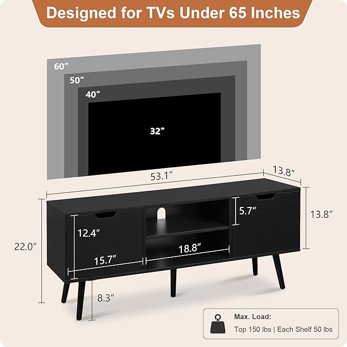 ALINE FURNITURE Black TV Stand for 50 55 60 inch TVs - Media Console with 2 Cabinets & Open Shelves, Solid Wood Legs - TV Consoles for Living Room - 22" H Entertainment Center for Bedroom