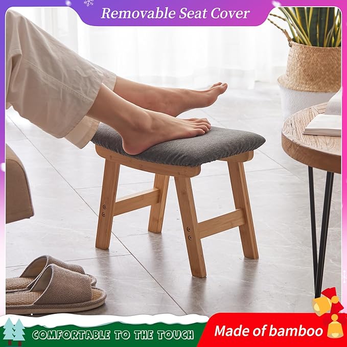 Foot Stool,Ottoman,Bamboo Small Sofa Foot Rest Under Desk,Extra Seating for Living Room, Bedroom and Kitchen (Natural Stool Legs - Gray Surface)