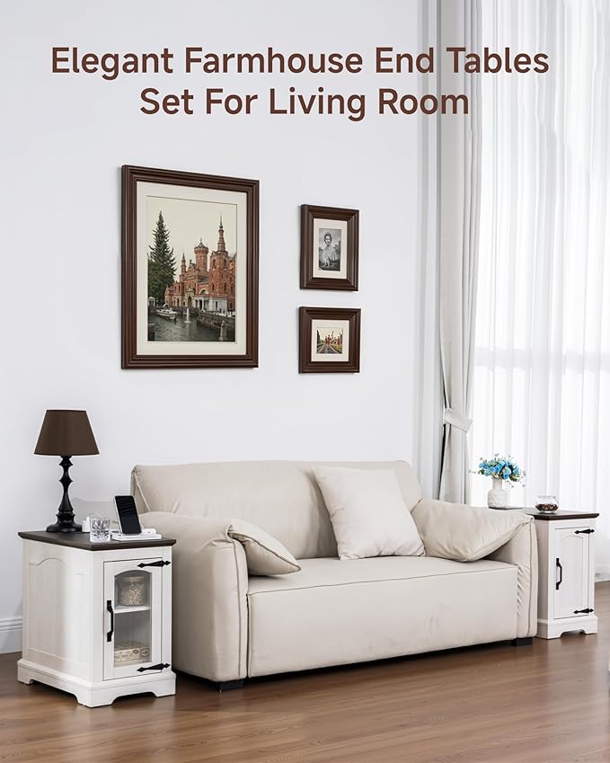 Narrow Side Table with Charging Station,13.8" W End Table with Storage for Sofa Couch or Bed Side with Outlets & USB Ports, Farmhouse Nightstand for Bedroom Livingroom (Glass,White & Walnut)