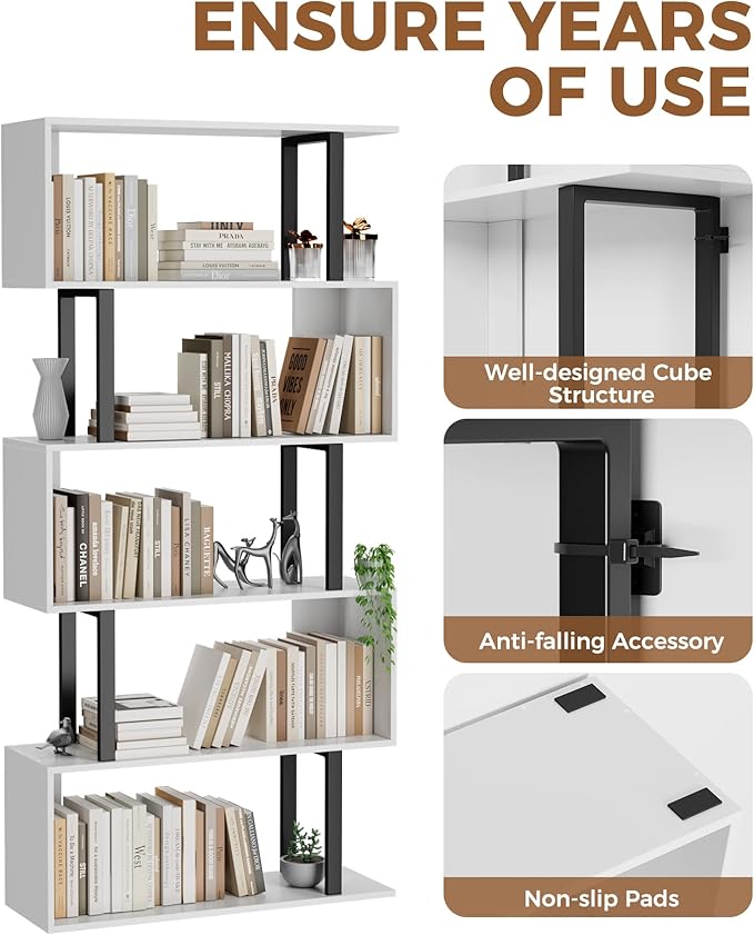Gadroad 5 Tier Geometric Bookcase,S Shaped Bookshelf, Wood Decorative Storage Shelving, Modern Freestanding Display Shelves, Tall Book Shelf Unit for Living Room Bedroom, White