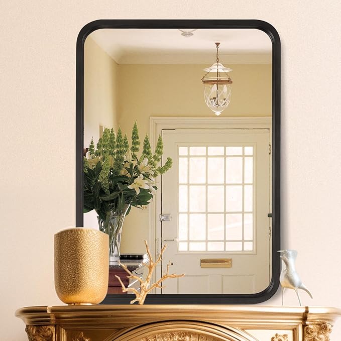 WallBeyond 24x36 Inch Wood Mirror for Bathroom, Wooden Frame Wall Mirror Farmhouse Wall Mounted Rectangle Mirror for Vanity (Horizontal/Vertical Black Color)