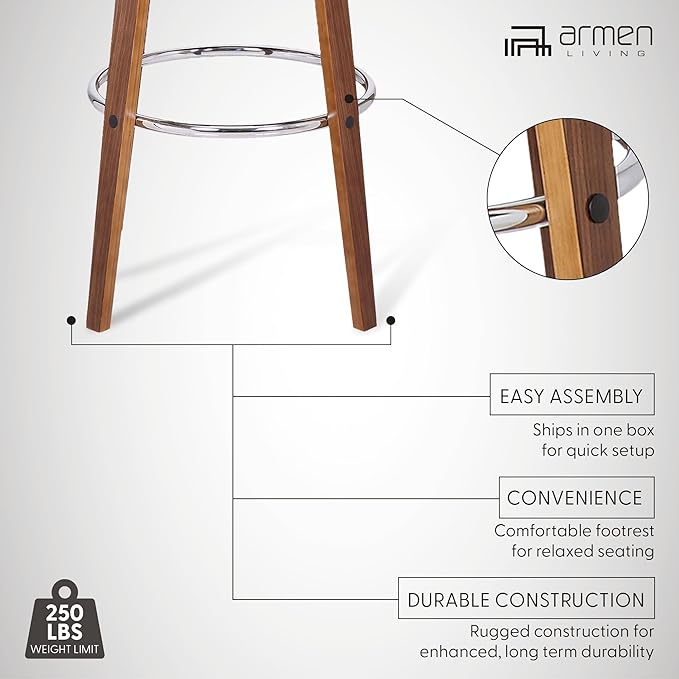 Armen Living Shelly 26" Counter Height Swivel Cream Faux Leather and Walnut Wood Bar Stool - Set of 4