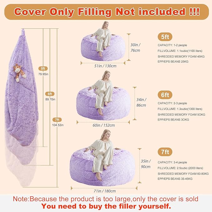 Huge Bean Bag Covers Only, Fluffy Stuffed Beanbag Chair Covers No Filler, Washable Bean Bags Cover for Adults, Stuffed Animal Bean Bag Anti-Slip, 6FT, Purple