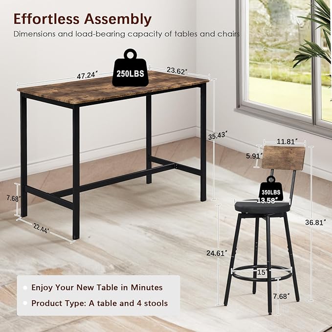 Tatub Bar Table and Chairs Set of 4, 5 Piece Counter Height High Breakfast Table Chairs Set of 4 for Dining Room, Brown