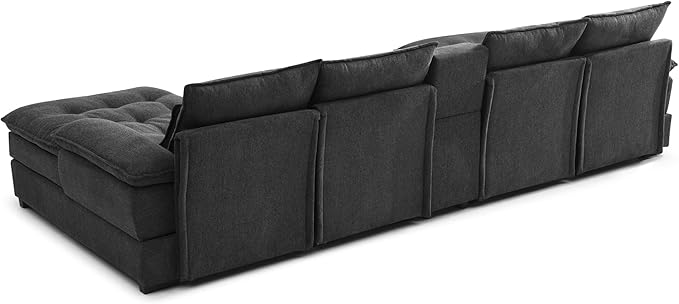 130" U-Shaped Sectional Sofa with Storage Console & Cup Holders, Upholstered 6 Seat Living Room Sleeper Couch Furniture Set w/Chaise, Cloud Cushion Couch for Home, Office, Apartment,Grey