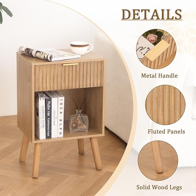 Night Stand with Drawer, Mid Century Nightstand with Storage, Modern Fluted Bedside Table Bedroom Living Room for Small Space, Office (Rustic Walnut)
