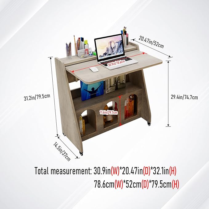 Pmnianhua Portable Mobile Desk on Wheels,Mobile Workstation,Rolling Computer Desk with Wheels and Storage for Home Office Small Space (Grey)