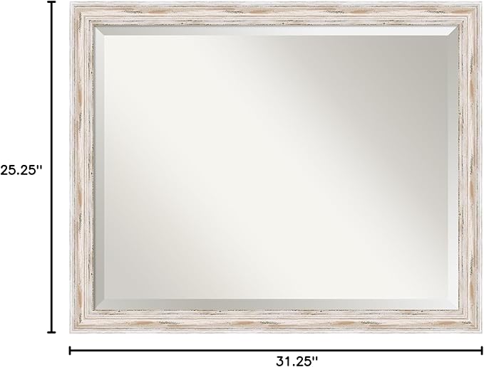 Amanti Art White Bathroom Mirror for Over Sink, 25x31 Alexandria White Wash Narrow Rectangle Vanity Mirror, Large Cottage Wood Frame, Hangs Horizonally and Vertically, Bathroom Wall Decor, Beveled