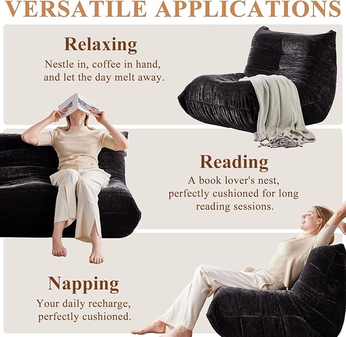 Bean Bag Chair, 3 Seater Fireside Chair Large Bean Bag Sofa for Adults, Memory Foam Chairs Gaming Chairs with Comfy Design & Soft Fabric, Lazy Floor Sofa for Living Room, Bedroom, Dark Gray