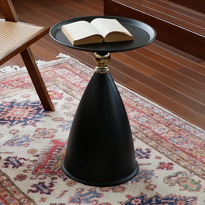 Small Round Black Side Table for Small Spaces, Pedestal Modern Couch End Tables for Living Room, Unique Accent Sofa Drink Table Metal Martini Tables for Recliner, Bedroom