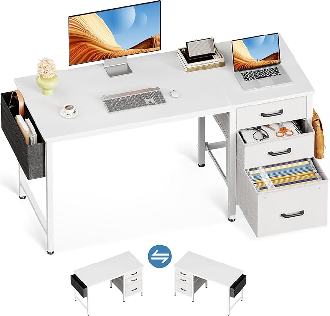 Casaottima 48" Small Computer Home Office Desk for Bedroom with Fabric Drawers & File Cabinet, Cloth Storage Bag and Hook, Writing Study Work Table for Small Space, White