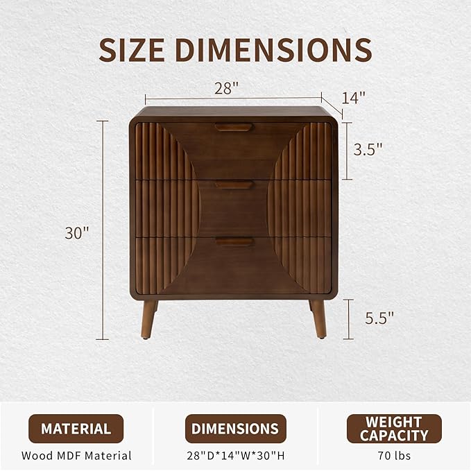COSIEST Walnut Accent Cabinet with 3 Drawers, Sideboard Buffet Cabinet for Entryway, Living Room, Bedroom (Brown, Stripe Pattern)