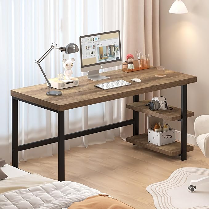 FOLUBAN 60 Inch Home Office Desk, Large Computer Desk with Storage Shelves, Modern Wood and Metal Writing Study Gaming Table Workstation for Living Room, Rustic Oak
