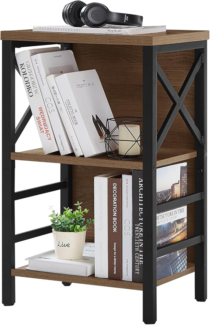 Small Bookshelf,3 Tier Industrial Bookcase with Metal Frame and Backboard,Low Rustic Brown Book Shelf,Book case for Small Spaces,Living Room,Bedroom and Home Office
