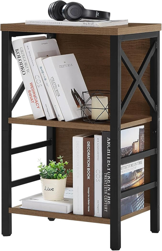 Small Bookshelf,3 Tier Industrial Bookcase with Metal Frame and Backboard,Low Rustic Brown Book Shelf,Book case for Small Spaces,Living Room,Bedroom and Home Office