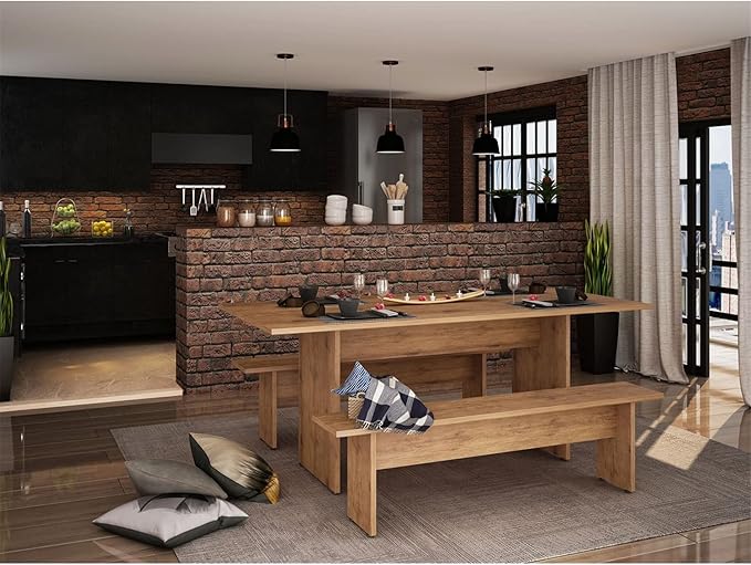 Manhattan Comfort Nomad 3 Piece Dining Set for 6 with Modern Kitchen Table and 2 Benches, Farmhouse Furniture with Rustic Wood Grain Finish, Pedestal Base, Easy Assembly, Dining Set, Nature