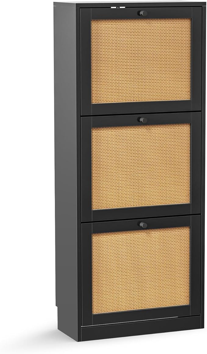 Rattan Shoe Cabinet 3-Tier, Narrow Shoe Cabinet with 3 Flip Drawers and Adjustable Shelves,Entryway Black Shoe Organizer with Removable Shelves for Hallway, Entrance