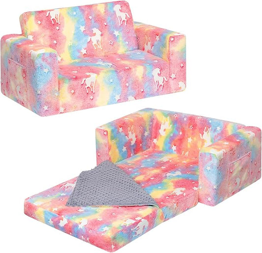 ALIMORDEN Fold Out Toddler Couch, Extra Wide Comfy 2-in-1 Cuddly Sherpa Sofa for Kids, with Removable Baby Friendly Blanket, Convertible Sofa to Bed, Unicorn