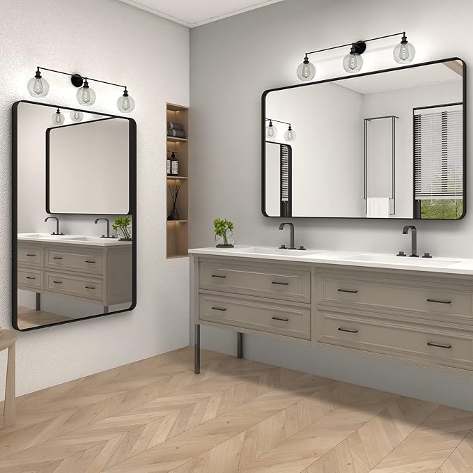 48x40 Inch Black Metal Framed Bathroom Mirror for Wall, Large Rounded Rectangle Mirror, Matte Black Bathroom Vanity Mirror, Anti-Rust, Shatterproof, Hangs Horizontally or Vertically
