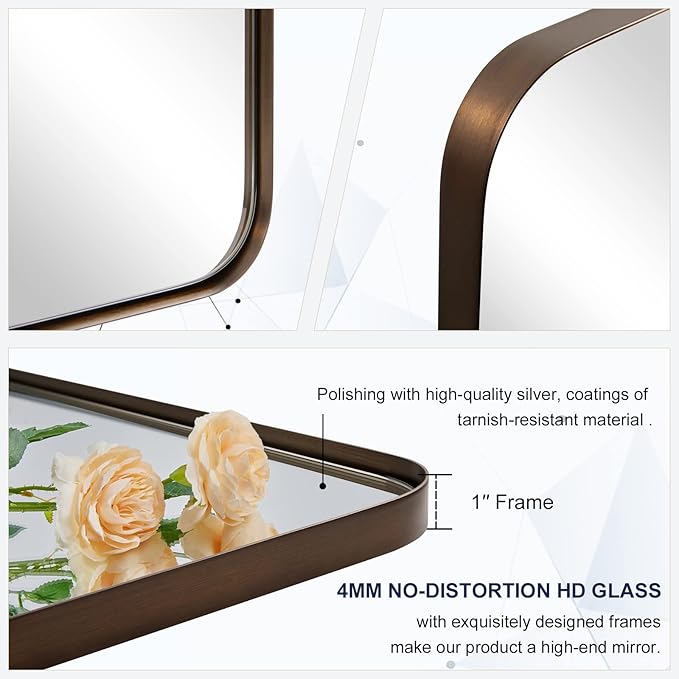 ANDY STAR Wall Mirror for Bathroom, 22" X 30" Bronze Bathroom Mirror with Stainless Steel Metal Frame Rounded Corner 1’’ Deep Set Design