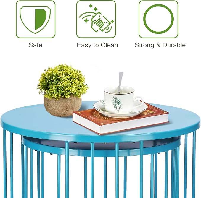 SUNNYPARK Outdoor Side Table Set of 2, Metal Circle Accent End Tables for Balcony Backyard Garden Indoor Living Room, Durable Black Nesting Coffee Tables, 20”+16” Dia
