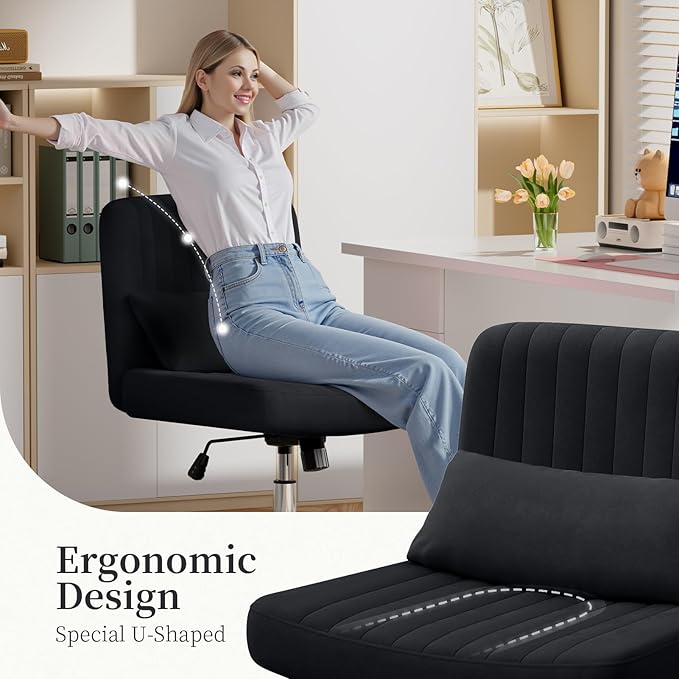 Warmiehomy Criss Cross Office Chair with Wheels, Velvet Cross-Legged Desk Chairs for Home, Height Adjustable Swivel Wide Seat Computer Chair, Morden Vanity Chair for Women, Black