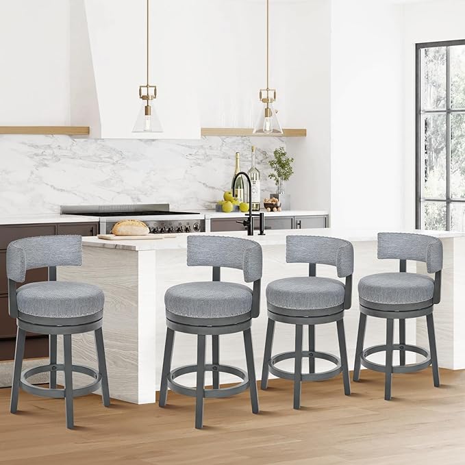 COLAMY Swivel Counter Height Bar Stools Set of 4, 25 Inch Modern Upholstered Kitchen Island Barstools with Back, Wood Swivel Bar Chairs for Counter Bar Dining Room, Grey