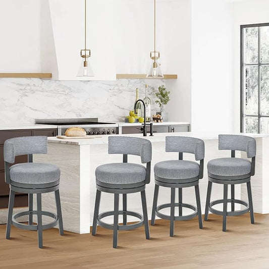 COLAMY Swivel Counter Height Bar Stools Set of 4, 25 Inch Modern Upholstered Kitchen Island Barstools with Back, Wood Swivel Bar Chairs for Counter Bar Dining Room, Grey