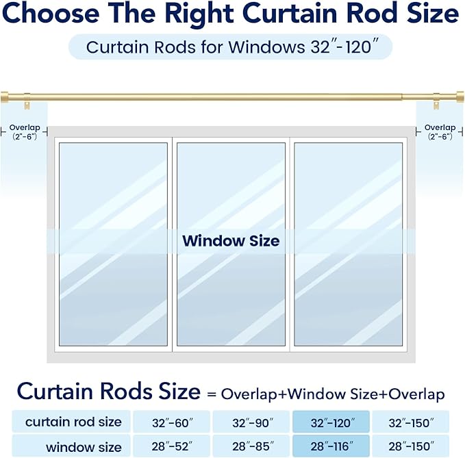 2 Pack Curtain Rods for Windows 66 to 120 Inch(5.5-10ft), 1 Inch Gold Heavy Duty Curtain Rods Set, Adjustable Extra Long Curtain Rod for Patio Bedroom, Outdoor Drapery Rods, Size 32"- 120"
