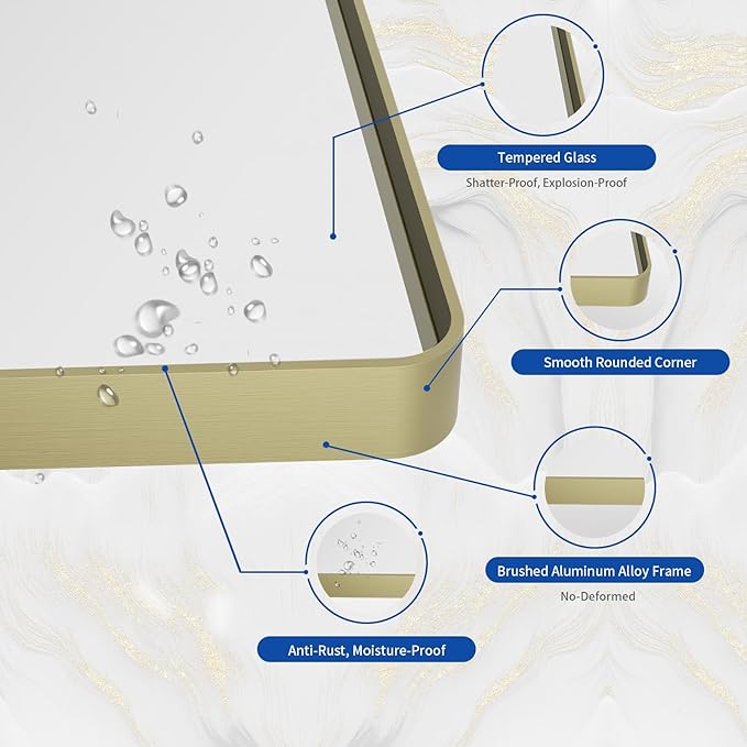 WEER Gold Bathroom Mirror, 24X32 Inch Brushed Gold Metal Frame Mirror, Rounded Rectangle Gold Bathroom Vanity Mirror for Wall, Tempered Glass, Anti-Rust, Hangs Horizontally or Vertically