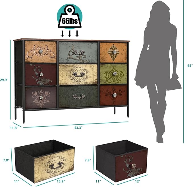Dresser for Bedroom with 9 Deep Fabric Drawers, Wide TV Stand Storage Cabinet, Colorful Chest of Drawers for Closet, Nursery, Entryway, Hallway