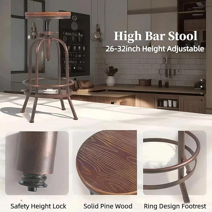 Set of 2 Industrial Bar Stool-Retro 26-32.3inch Swivel Stools-Extra Tall Kitchen Chair-Bar Counter Height Adjustable-Fully Welded (Copper 2PCS)