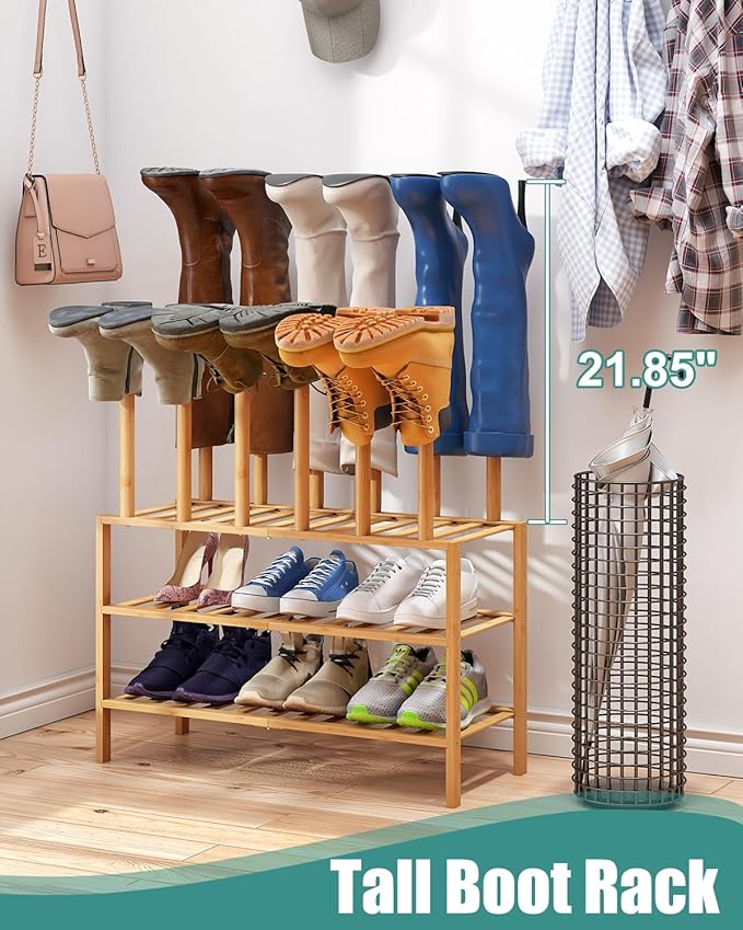 Boot Rack with Shoe Rack, Boot Rack Organizer Tall Boots for Closet, Bamboo Wood Shoe Shelf Storage Organizer for Entryway Small Space