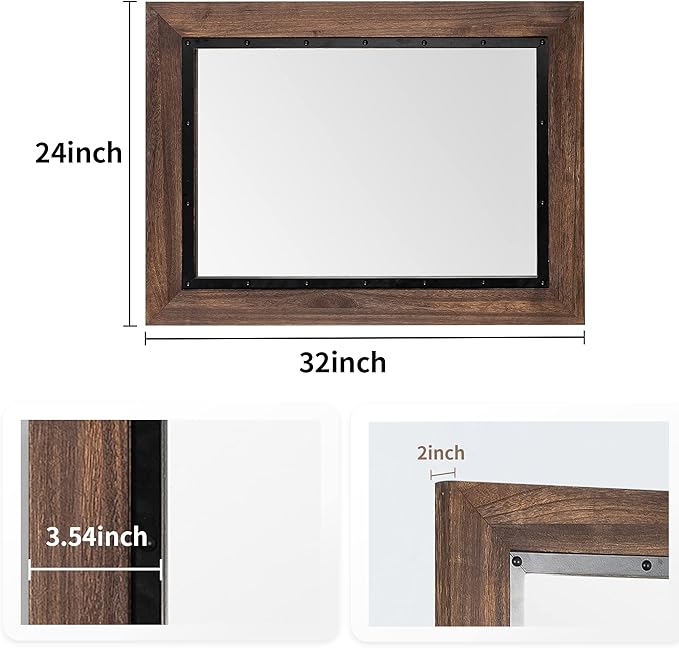 YOSHOOT Rustic Wooden Framed Wall Mirror, Natural Wood and Iron Bathroom Vanity Mirror for Farmhouse Decor, Vertical or Horizontal Hanging