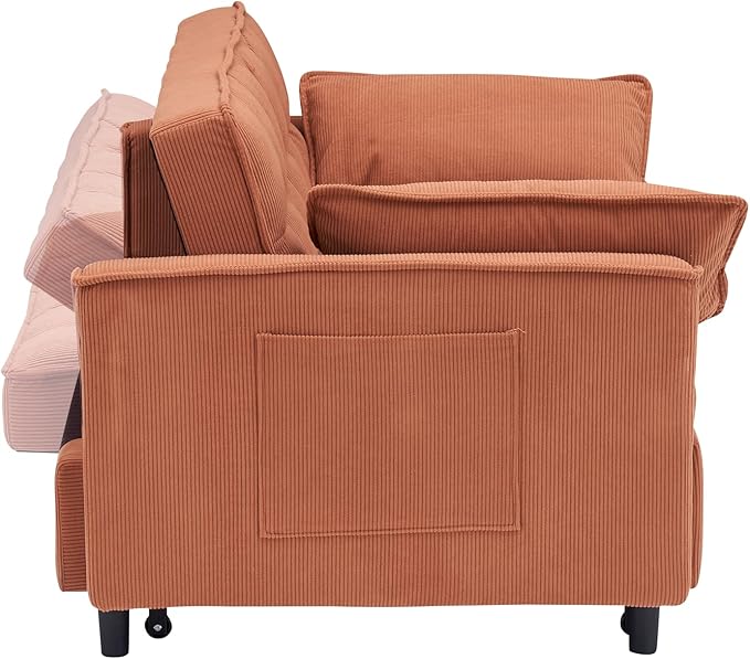 Ball & Cast Convertible Sofa Bed,Loveseat Sleeper Sofa W/Pull-Out Bed,Convertible Pull Out Couch W/2 Pillows,Adjustable Backrest&Side Pocket,Corduroy Futon Couches for Living Room,Apartment,Orange,54"