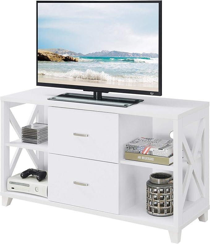 Convenience Concepts Oxford Deluxe 2 Drawer TV Stand with Shelves for TVs up to 55 Inches, White