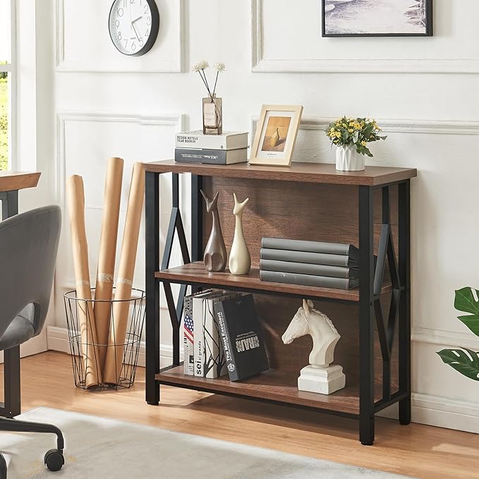 HOMISSUE Bookshelf, 3-Tier Rustic Small Bookshelf, Industrial Shelf Bookcase with Engineered Wood Shelves, Low Bookcase with Storage, Small Shelf for Living Room, Bedroom and Office, Rustic Brown