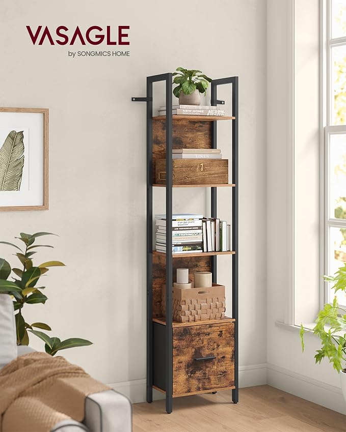 VASAGLE 5-Tier Bookshelf, Book Shelf with Drawer, Industrial Bookcase, with Steel Frame, for Living Room, Home Office, Bedroom, 9.4 x 15.7 x 65 Inches, Rustic Brown and Black ULLS146B01
