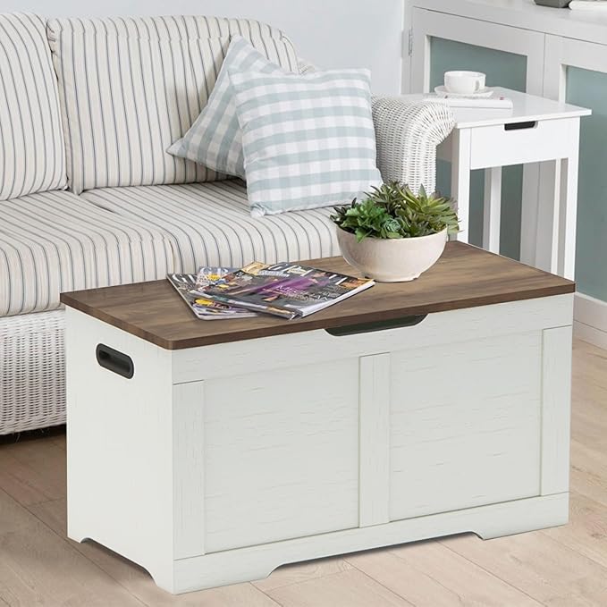 31.5" Storage Chest, Wooden Storage Bench, Lift Top Toy Chest with 2 Safety Hinges, Large Toy Box, Entryway Shoes Bench for Living Room, Bedroom, Brown and Rustic White