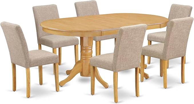 East West Furniture VAAB7-OAK-04 7 Piece Dinette Set Consist of an Oval Dining Room Table with Butterfly Leaf and 6 Light Tan Linen Fabric Upholstered Chairs, 40x76 Inch, Oak
