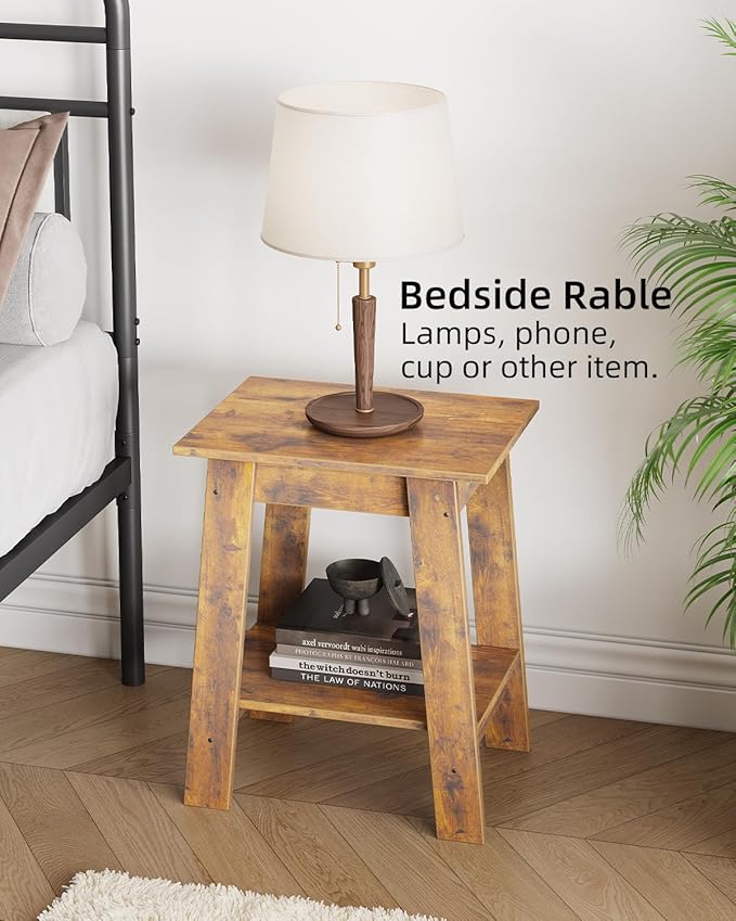 Garvee End Table, Side Table with 2-Tier Storage Shelf, Sofa Table for Small Space, Square Nightstand for Entryway, Farmhouse, Living Room, Easy Assembly, Rustic Brown