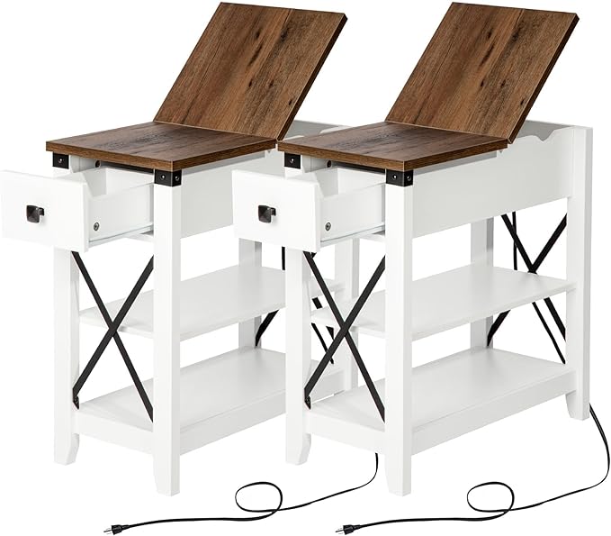 Narrow End Table with Charging Station - Farmhouse Slim Side Table Set of 2, w/USB Ports Power Outlets, Nightstand w/Flip Top Storage Drawer, for Small Spaces Living Room Bedroom, Brown White