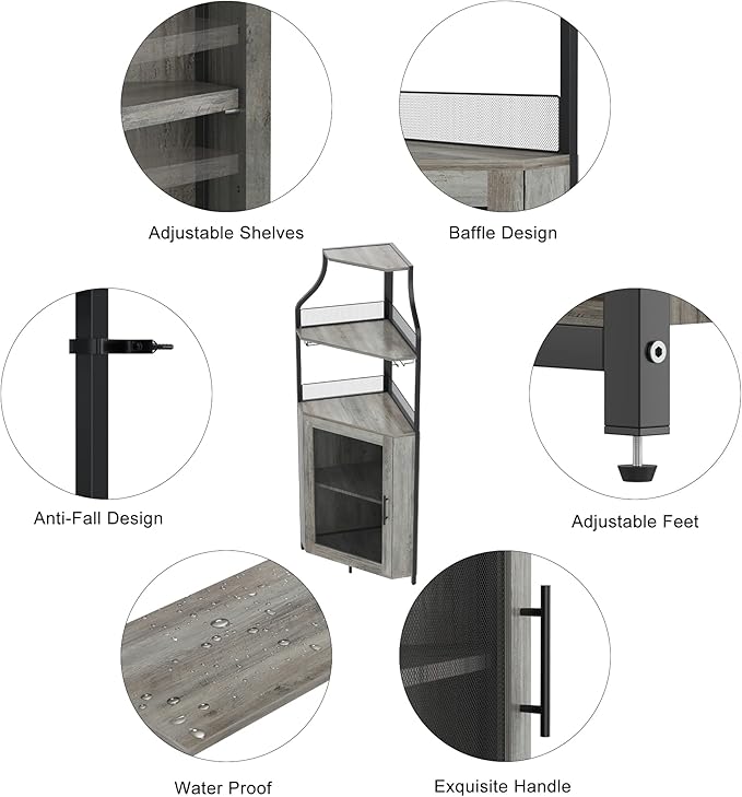 GarveeHome Corner Wine Cabinet with Detachable Wine Rack, 5-Tier Industrial Corner Bar Cabinet with Barn Door and Glass Holder, Farmhouse Buffet Cabinet and Home Bar, Grey