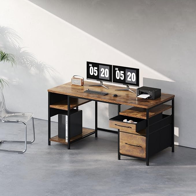 Ｍａｉｈａｉｌ 59" Computer Desk with 3 Fabric Drawers and Wooden Shelves for Home Office, Study, Bedroom, Work-from-Home Games & Desk, Rustic Brown