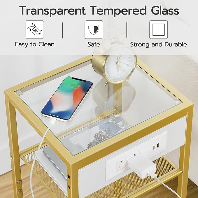 HOOBRO End Table with Charging Station, Side Table with USB Port & Power Outlets, 3-Tier Slim Nightstand with Storage Shelves, Tempered Glass, for Living Room, Bedroom, Gold GD77UBZ01