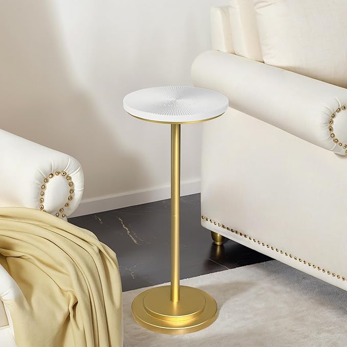Drink Table Set of 2, Small Round Pedestal Side Table with Carved Top for Living Room, Bedroom, Small Space, Corners and Office, White and Gold