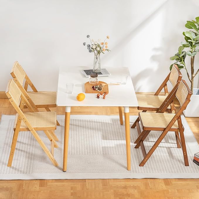 Rattan Folding Chair, Modern Mid Century Dining Chair Set of 1, Outdoor Bamboo Chairs for Bedroom Living Room Reading Room Dining Kitchen, Wood