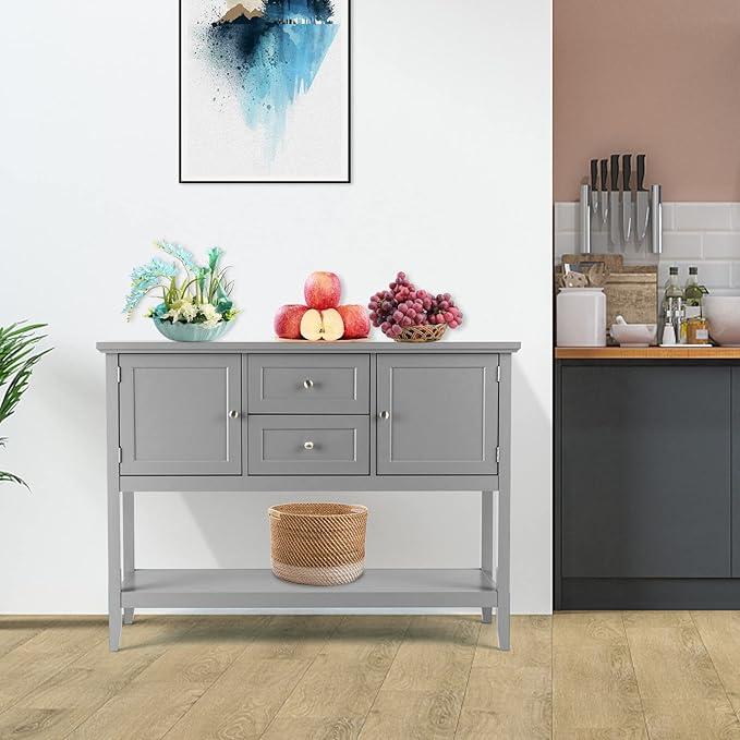 COSTWAY Buffet Sideboard, with 2 Wood Storage Drawers & Open Shelf, Console Table for Living Room Kitchen Dining Room Furniture (Grey)