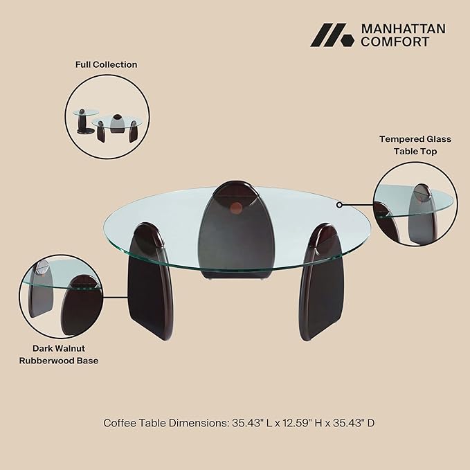 Manhattan Comfort Artesia Round Coffee Table with Sleek Tempered Glass Top, Solid Wood Base, and Contemporary Design, Living Room Accent Furniture for Modern Homes, Centerpiece, Dark Walnut