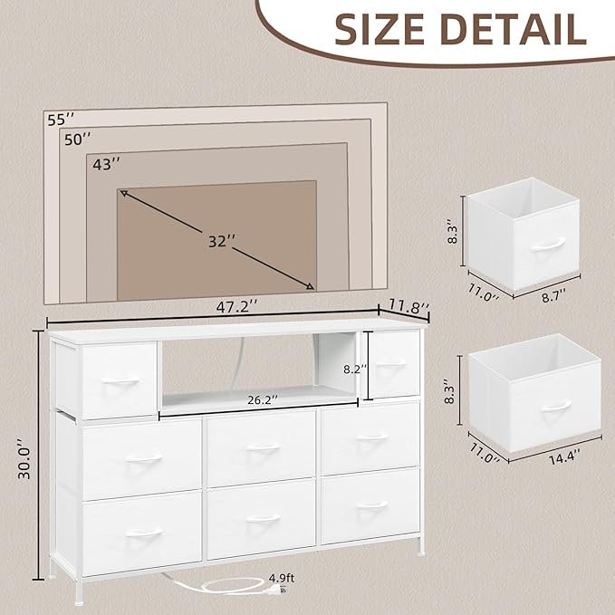 Somdot White TV Stand, Dresser for Bedroom for 55 inch TV with Charging Station and LED Lights, Media Console Table with 8 Drawers, Open Shelf, Adjustable Feet,Living Room Furniture